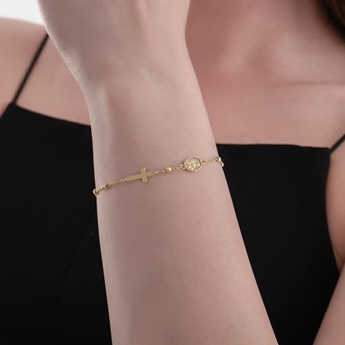 Image of MIONZA Catholic Medal Cross Bracelet for Women | 14K Gold Plated or Solid Gold, Religious Rosary Jewelry, Choose Your Saint Medal Bracelet