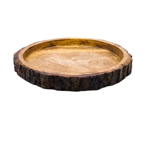 Desi Kraft Wooden Round Mango Wood Bark Serving Tray,Decorative