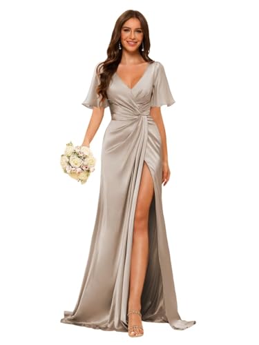 YOFF Short Sleeves Mermaid Bridesmaid Dresses with Slit Pleated Satin V-Neck Maxi Formal Dress YO160