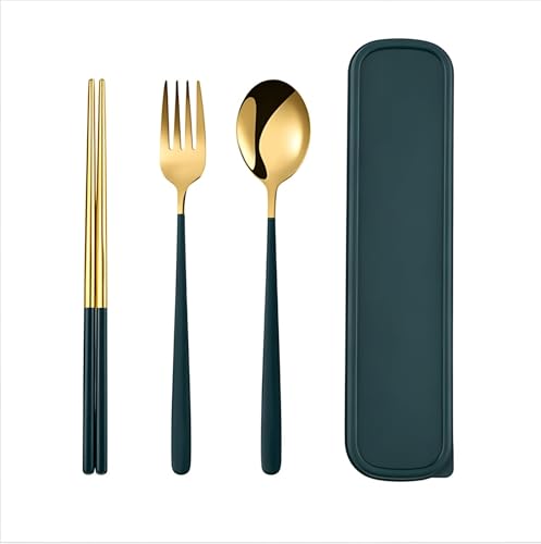 Image of 3 Piece Premium Gold Stainless Steel Chopsticks Fork Spoon Set with Travel Case Non-Slip Dinnerware Cutlery Set Tableware Set for Gift (Gold Green)
