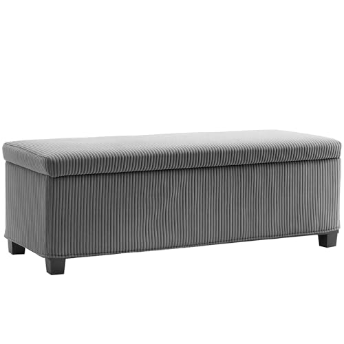 HOMCOM Puff Almacenaje, Banco Almacenaje, Capacidad de 84 L, 112x42x40 cm, Taburete Reposapiés, Tapizado en Pana, Pie de Cama, Carga 220 kg, para Sala de Estar, Dormitorio, Entrada, Gris