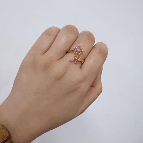 Kokoma Delicate Flower Leaf Wrap Finger Ring for Women Pink Cubic Zirconia Crystal Floral Statement Ring Promise Engagement Rings Adjustable Open Band (Pink)