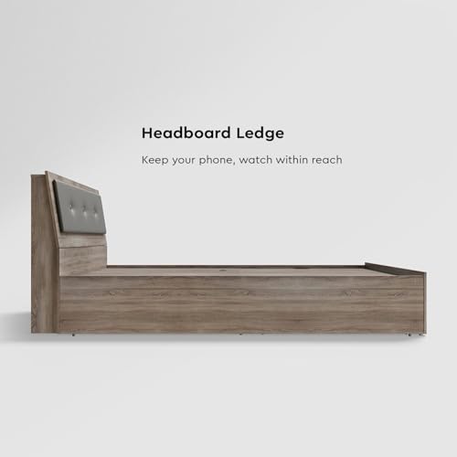 Image of Interio by Godrej Bed, Stud Queen Size Engineered Wood Bed with Pullout Storage, 1-Year Warranty, Sonoma Oak, Particle Board