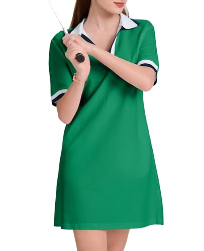 Image of WOWULOVELY Polo Dress for Women V Neck Casual Short Sleeve Mini Shirt Dress Flowy Contrast Color Golf Tennis A Line Dresses