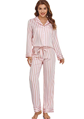 Image of Serenedelicacy Women's Satin Pajama Set Long Sleeve Button Down Sleepwear 2-Piece Silky Pj Set