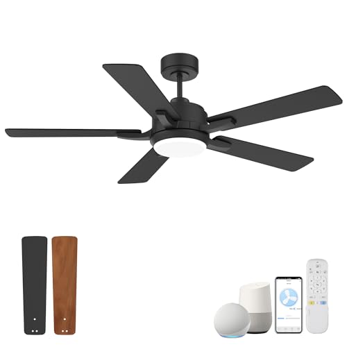 52" Smart Ceiling Fans with Lights Remote,Quiet DC Motor,Indoor outdoor Modern Ceiling Fans with Dimmable LED Light,6-Speed,Control with WIFI Alexa APP, Black & Dark Wood for Living Room,Pat