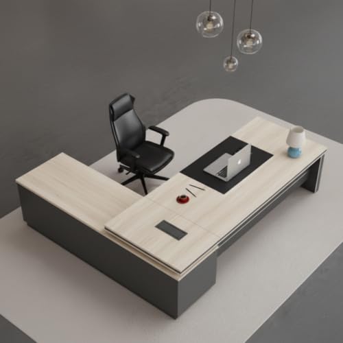 Image of Luxury Modern L-Shape Director Table with Integrated Side Storage, Light Wood Finish, Open Shelves, Soft-Edge Panels & Spacious Executive Worktop (LDL-766 MDFL L6W3)