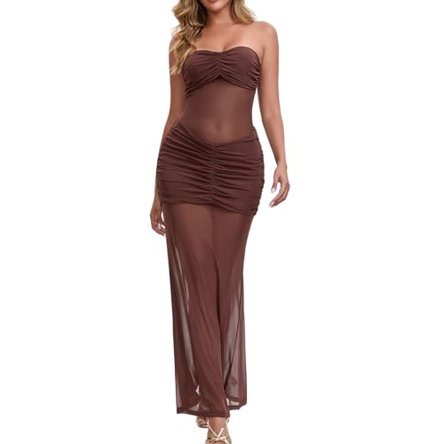 Image of Sexy Sheer Mesh Dresses for Women See Through Maxi Dress Strapless Tube Top Night Party
