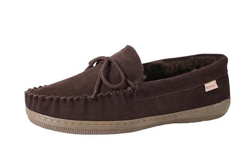 Image of PEDOQU Men's Moccasin Slippers,Genuine Leather Upper Indoor /Outdoor Shoes