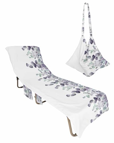 Botanical Purple Beach Lounge Chair Towel Cover, Soft Chaise Lounge Towel with Side Pockets Patio Pool Chairs Cover for Beach/Pool Sunbathing 29x85 Watercolor Eucalyptus Leaves Spring