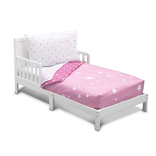 Delta Children 4 Piece Toddler Bedding Set For Girls - Reversible 2-In-1 Comforter - Includes Fitted Comforter To Keep Little Ones Snug, Bottom Sheet, Top Sheet, Pillow Case - Pink Blushing Star #TOP30