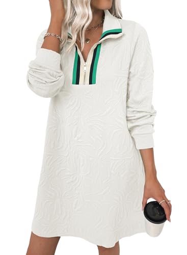BLENCOT Sweatshirt Dress for Women Casual Half Zip V Neck Pullover Mini Dresses Long Sleeve Fashion Fall Outfits White S