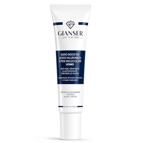 Gianser Just For Men – Sérum Booster à l'Acide Hyaluronique (5 Poids Moléculaires) | Effet Filler-Lifting Instantané & Anti-Rides | Peptides Boto-Like | Contour Yeux & Lèvres - 20 ml
