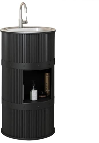 Lavandino a Colonna Moderno in Ferro Battuto, Mobile da Bagno con Lavabo in Acciaio Inox, Lavandino su Piedistallo Freestanding Set con Rubinetto e Scarico (con contenitore,nero)