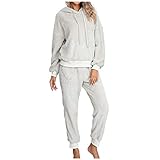 EMATOP Schlafanzug Damen Lang Warm Fleece Pyjama Set Kuschelig Winter Elegant Lang Hausanzug Flauschig Freizeitanzug Thermo Unterwäsche Einfarbig Zweiteilig Unterhemd mit Taschen Outfits