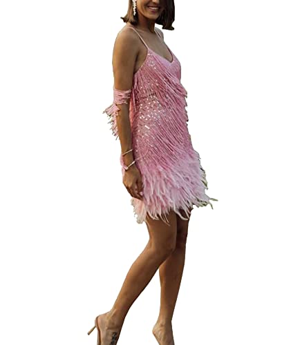 Image of xxxiticat Women's Sequin Flapper Dress Sleeveless Feather Hem Fur Fringe Tassel Splice Glitter Sparkly Shiny Mini Dress