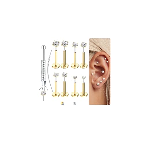 LOLIAS 4 Pairs Moissanite Flat Back Earrings Hypoallergenic-Threadless Push in Nose Rings Studs for Women Men 14K Gold Plated Surgical Steel Cartilage Helix Tragus Labret Piercing Jewelry Kit Taper Ball Grabber Tool 20G 18G 16G 14K Gold Plated 20G Bar-6/7/7/8mm & M-2/2.5/3/4mm