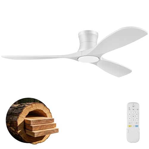 Image of 52 Inch Wood Low Profile Ceiling Fans with Lights Remote,Flush Mount,White