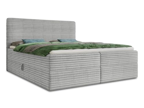 Sofnet Boxspringbett Mollo mit 2 Bettkästen, Doppelbett mit Bonell-Matratze und Topper, Polsterbett in weichem Cordstoff, Bett, Bettgestell für Schlafzimmer (Grau (Tilia 86), 180 x 200 cm)