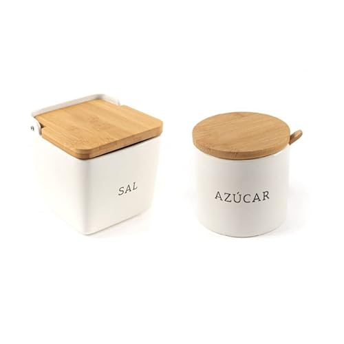 Salero y azucarero Cocina Blanco Minimalista Ceramica con Tapa Madera Español (Salero y Azucarero)