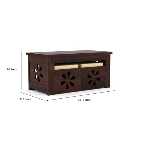 Image of Solid Wooden Coffee Table Center Table with 2 Stool | Sheesham Wood Center Coffee Table for Living Room, Home, Meeting Room Furniture | Modern Carved Flower- in Walnut Finish