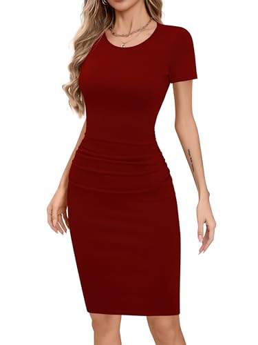 Image of Missufe Women's Long Sleeve Slim Ruched Bodycon Dress 2025 Trendy Fall Casual Round Neck Sheath Knee Length Outfits Clothes