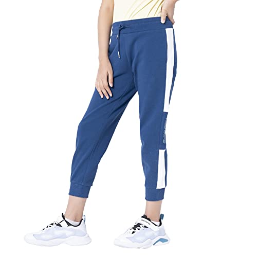 Image of Red Tape Girls' Cotton Blend Regular Fit Blue Color Block Activewear Jogger Pants