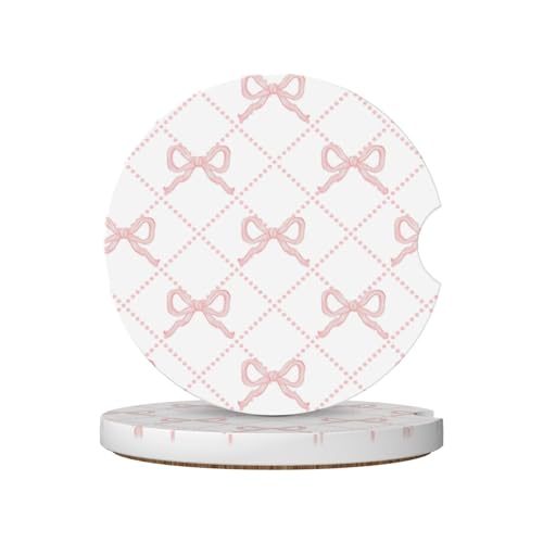 Image of Pink Bow Car Coasters for Cup Holder Absorbent Ceramic Cup Coaster 2 Pack Anti Slip Car Interior Accessories with Finger Notch Cork Base for Women Men 2.56 inch