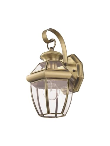 Image of Livex Lighting 2051-01 Monterey 1 Light Outdoor Antique Brass Finish Solid Brass Wall Lantern with Clear Beveled Glass | Clear Beveled Glass; Solid brass construction