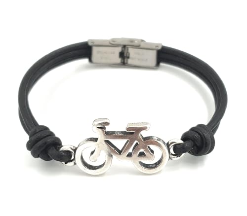 Pulsera bicicleta hombre y mujer - Nanaleja - de cuero y cierre de acero inoxidable - regalos originales para ciclistas - pulsera personalizada (Medida única adaptable)