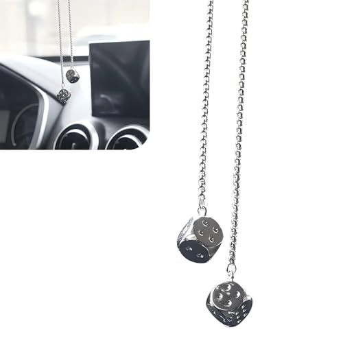 CyperFair Creative Dice Rear View Mirror Pendant, Personalized Alloy Car Rearview Mirror Ornament, Multifunctional Accessory for Women and Men, Suitable for Most Cars Trucks SUVs (Silver)