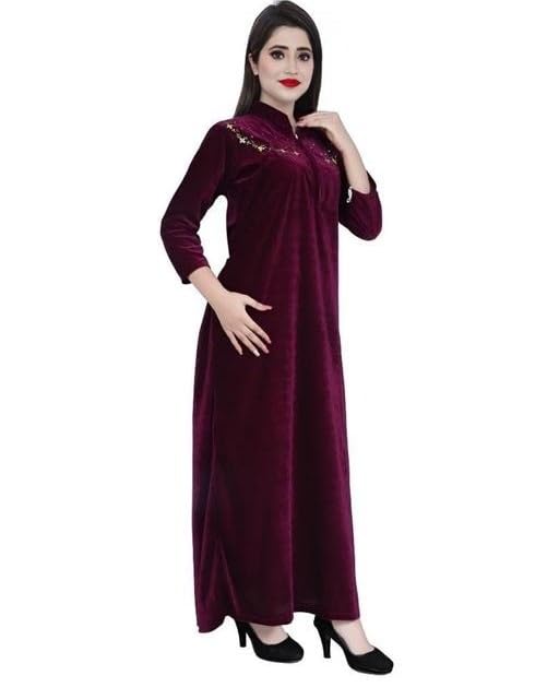 Women Velvet Nighty Trendy Pattern Lightweight Fabric Relax Fit Night Dress Home Gown Purple Free Size-image-8