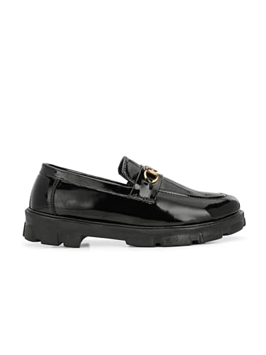 Image of Aaravin's Shiny Synthetic Patent Leather Slip-On Loafers | Chunky TPR Sole Moccasins with Stylish Metallic Buckle | Trendy Comfortable Footwear for Parties, Office and Daily Use