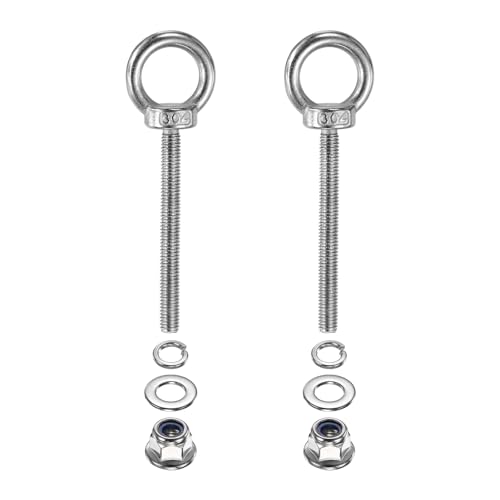 Image of PATIKIL M6 x 60mm Shoulder Eye Bolt, 2 Pcs 304 Stainless Steel Lifting Ring Threaded Eye Bolt with Flange Lock Nuts Spring and Flat Washers for Hanging Tie Down Straps Outdoor Indoor