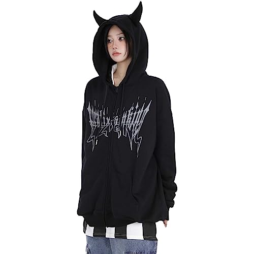 Sweat à capuche zippé en corne de diable pour femme y2k vêtements surdimensionnés emo alt sweat à capuche punk goth esthétique grunge pull