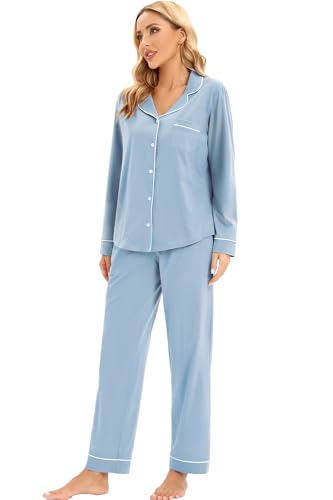 Image of LUBOT 100% Cotton Pajamas Set for Women PJ Set Soft Long Sleeve Button-Down Shirt PJ Two-piece Set Warm Night Suit Sleepwear Loungewear (Baby Blue, XS)
