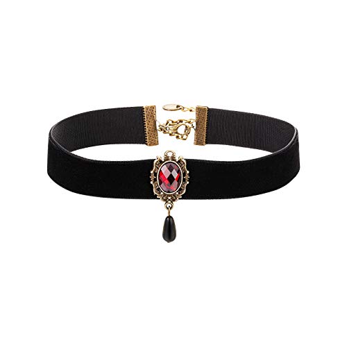 AnotherKiss Gothic Ruby Retro Black Velvet Choker Necklace for Women, Halloween Vampire Cosplay Jewelry