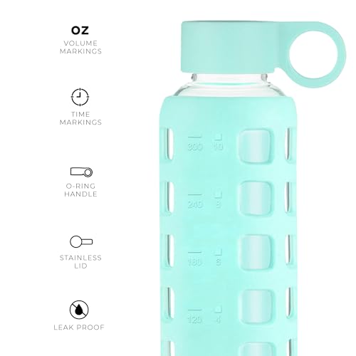 purifyou 40/32/22/12 oz Glass Water Bottles, Reusable with Time & Volume Markings, Non-Slip Silicone Sleeve, Stainless Steel Lid, for Water, Milk & Juice (12oz FrostedMist)