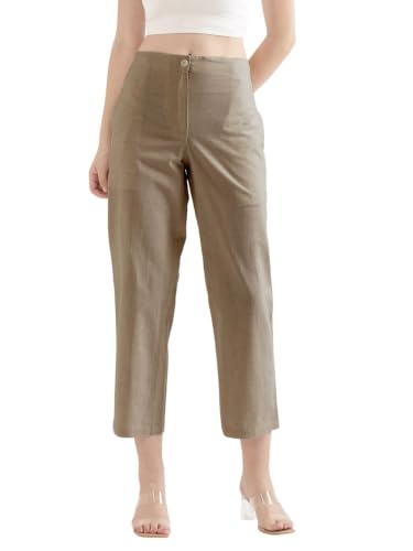 Image of SAADAA Women's Airy Linen Straight Pants | Regular Fit Trousers | Half Elasticated with Drawstrings & Buttons | 4 Pockets | Everyday & Office Wear