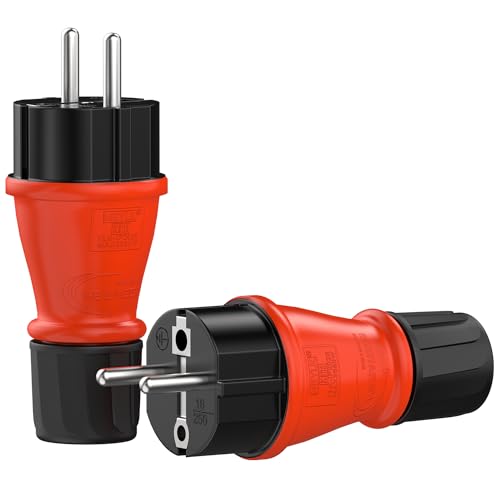RedStar24 Enchufe Schuko 230V IP54 Set de 2 Conectores de protección robustos de goma y plástico, negro rojo / Diseño herméticamente sellado | Perfecto para exteriores | Conector eléctrico de 3 polos
