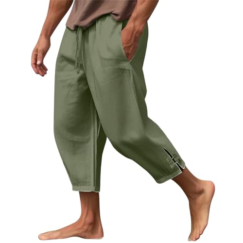 Meine Bestellungen Outdoor Hosen Für Herren 3/4 Hose Herren Sommer Parachute Pants Men Einfarbiges Tunnelzug Mittelalter Hose Leicht 7/8 Hosen Baumwoll Leinen Laufhose Herren Hose (Grün, 5XL)