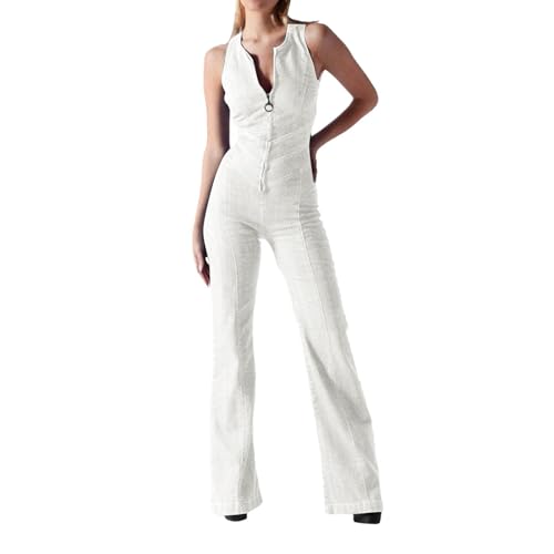 Denim Jumpsuit for Women Sexy Heart Back Playsuit with Pocket Ladies Zipper Dungarees Summer Casual Jeans Romper Slim High Waist Bodycon Overalls Prime of Day Sales