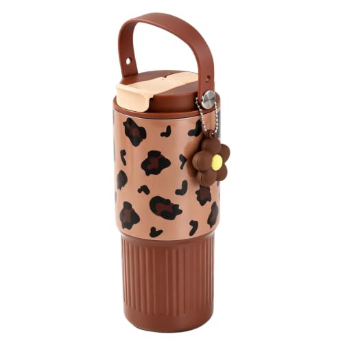 Botella Agua Acero Inoxidable con Pajita, Colgante Flor, 750ml Antifugas | Leopardo Garrafa Botella Termica con Asa en U, Termo Cantimplora Deportiva con Tapa de Doble Uso para Gimnasio, Oficina