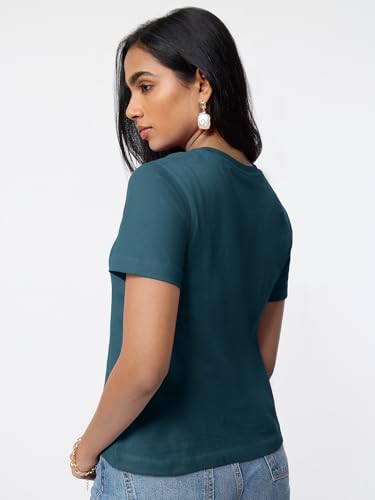 Image of The Souled Store Casual Classics: Women and Girls Short Sleeves Spread Collar Solid Cotton Regular Fit Breathable Lightweight Trendy Everyday T-Shirt