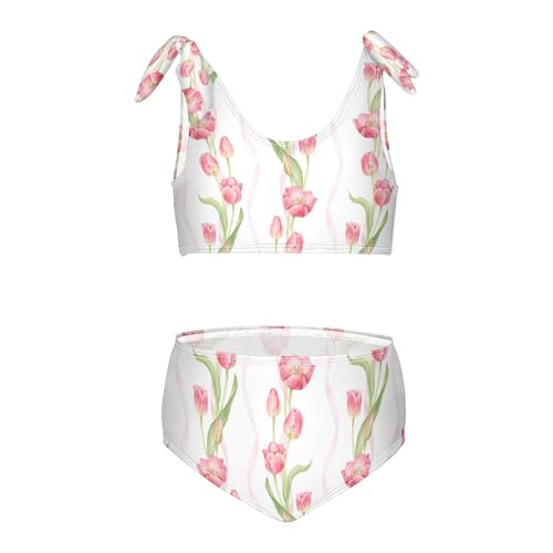 Girls Pink Tulips and Ribbons Patterns Swimsuit Two Pieces Bikini Set Bathing Suits Swimwear Crop Top Swimsuit Set
