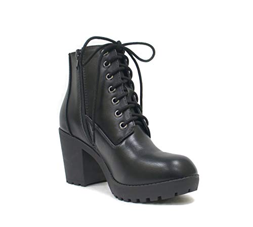 Soda Second Lug Sole Chunky Heel Combat Ankle Bootie Lace up w/Side Zipper4