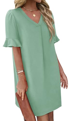 Image of OFEEFAN Summer Dresses for Women Ruffle Short Sleeve V Neck Casual Shift Dress with Pockets