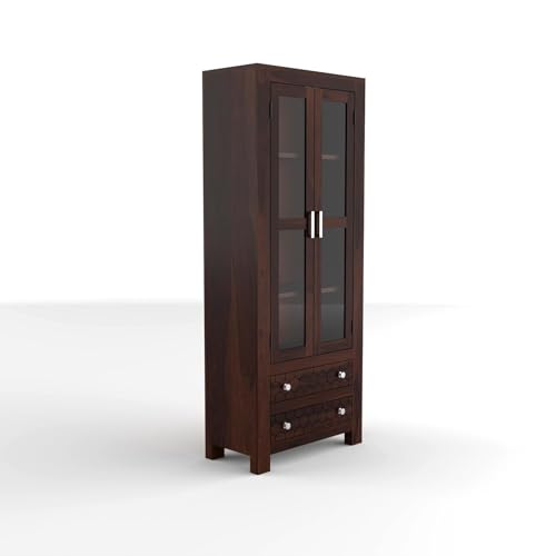 Image of Solid Sheesham Wood Bookshelf with Acrylic Glass Door & Storage Drawers | Rosewood Display Cabinet for Living Room & Office (Walnut Finish)