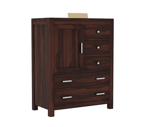 Image of Solid Sheesham Wood 5 Drawer Chest of Drawers with 2 Shelf Storage and Spacious Dresser for Hall Home Office Furniture, Kitchen Cabinet, Stylish Wooden Drawers (Henry)