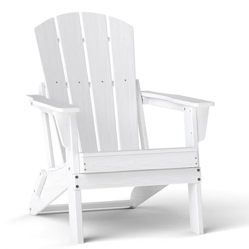 Image of Folding Adirondack Chair, HDPE Patio Chair, All-Weather Space-Saving Foldable Fire Pit Seating, Backyard, Deck & White